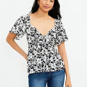 Loft Floral Flutter Sleeve Tie Neck Top Small Black White Smocked blouse